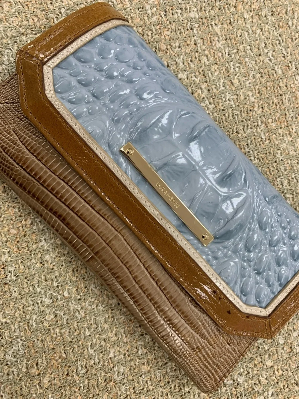 Brahmin Glossy Croc-Embossed Clutch in Light Blue & Brown